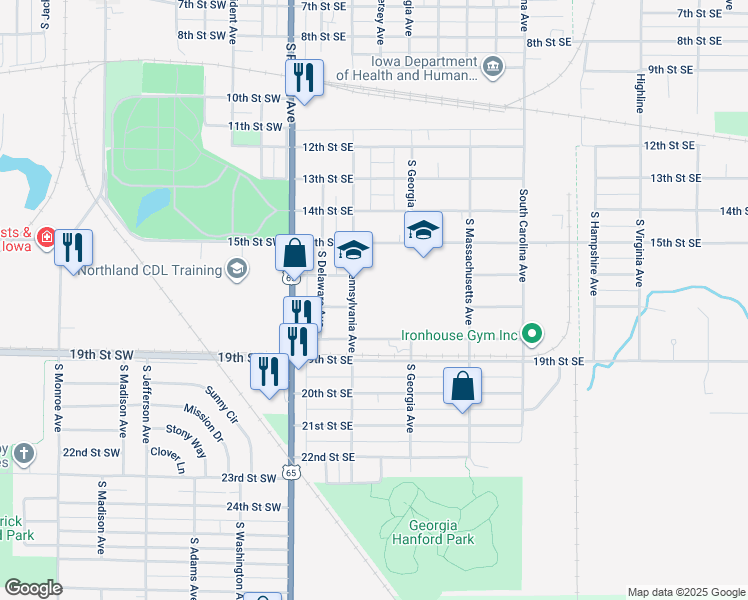 map of restaurants, bars, coffee shops, grocery stores, and more near 1625 South Pennsylvania Avenue in Mason City
