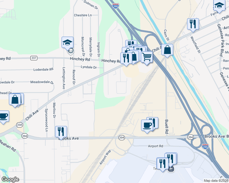 map of restaurants, bars, coffee shops, grocery stores, and more near 60 Caroline Drive in Rochester