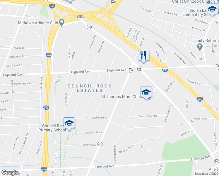 map of restaurants, bars, coffee shops, grocery stores, and more near 210 Council Rock Avenue in Rochester