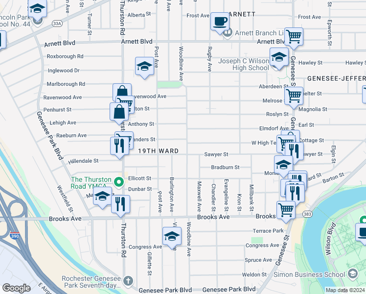 map of restaurants, bars, coffee shops, grocery stores, and more near 559 Woodbine Avenue in Rochester