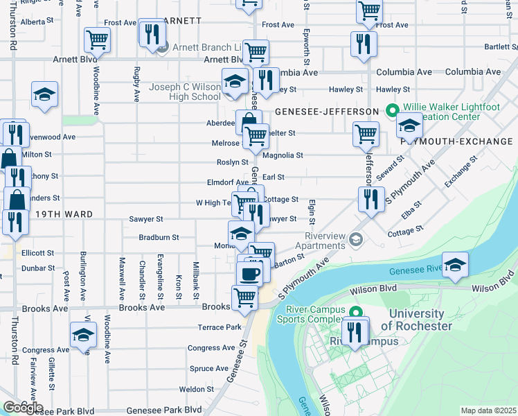 map of restaurants, bars, coffee shops, grocery stores, and more near 750 Genesee Street in Rochester