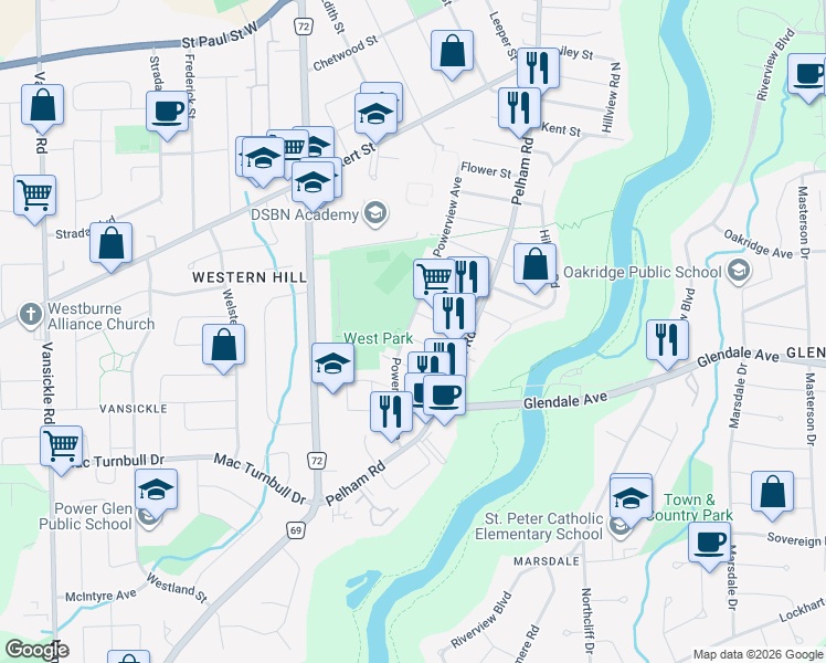 map of restaurants, bars, coffee shops, grocery stores, and more near 79 Powerview Avenue in Saint Catharines