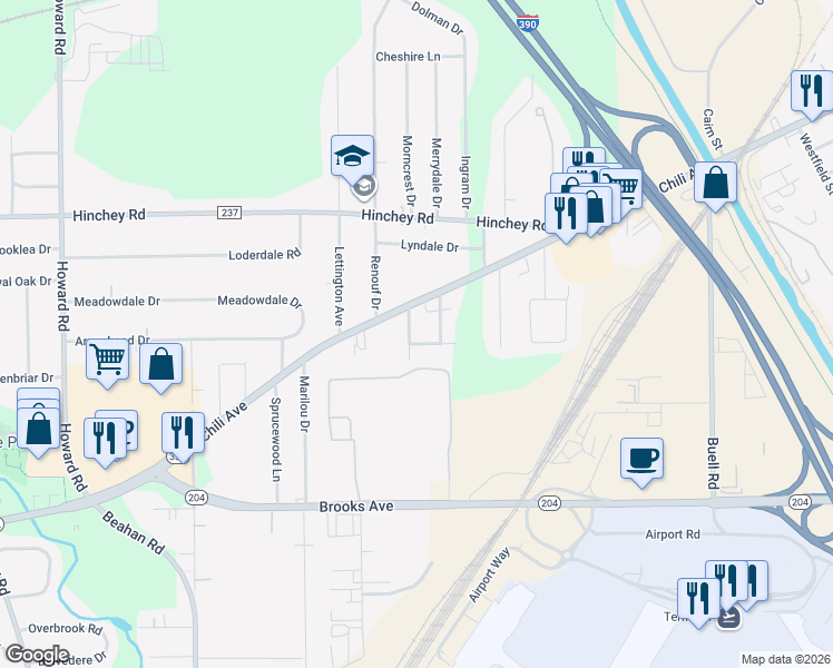 map of restaurants, bars, coffee shops, grocery stores, and more near 5 Ellis Drive in Rochester
