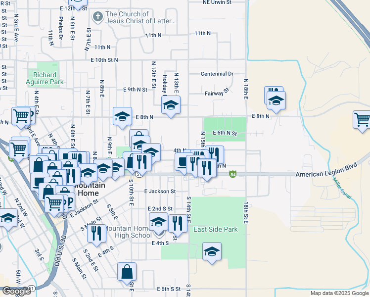 map of restaurants, bars, coffee shops, grocery stores, and more near 1355 East 5th North in Mountain Home