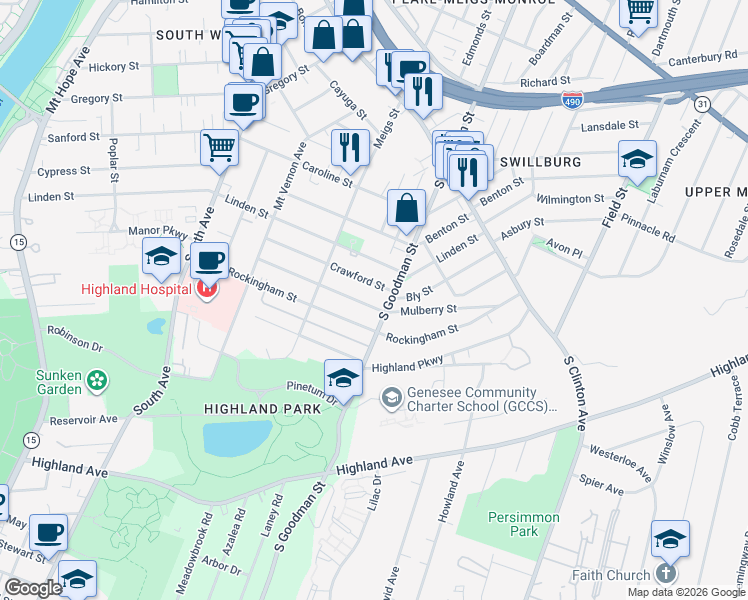 map of restaurants, bars, coffee shops, grocery stores, and more near 174 Mulberry Street in Rochester