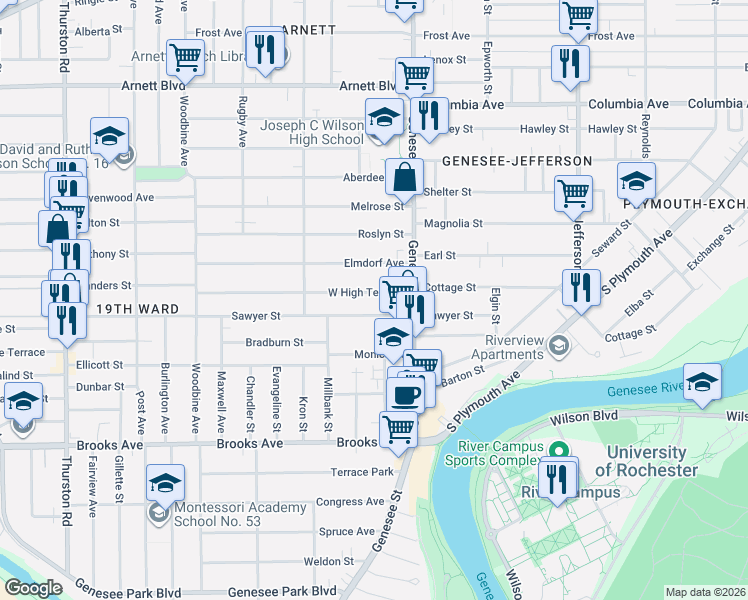 map of restaurants, bars, coffee shops, grocery stores, and more near 29 West High Terrace in Rochester