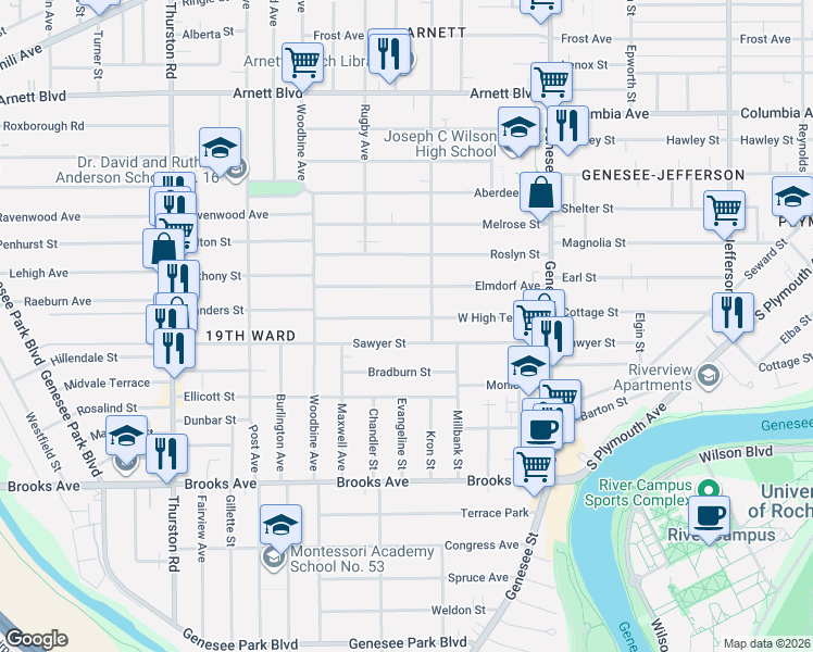 map of restaurants, bars, coffee shops, grocery stores, and more near 191 West High Terrace in Rochester