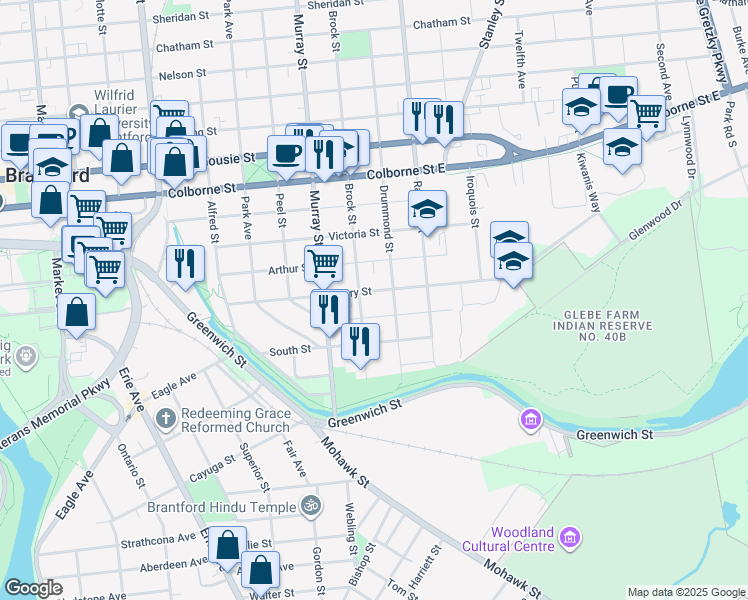 map of restaurants, bars, coffee shops, grocery stores, and more near 61 Brock Street in Brantford