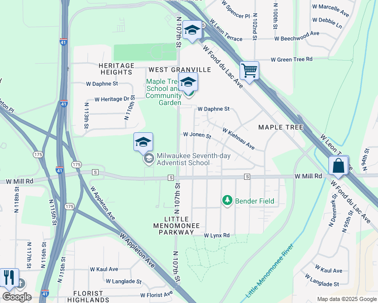 map of restaurants, bars, coffee shops, grocery stores, and more near 6457 North 106th Street in Milwaukee
