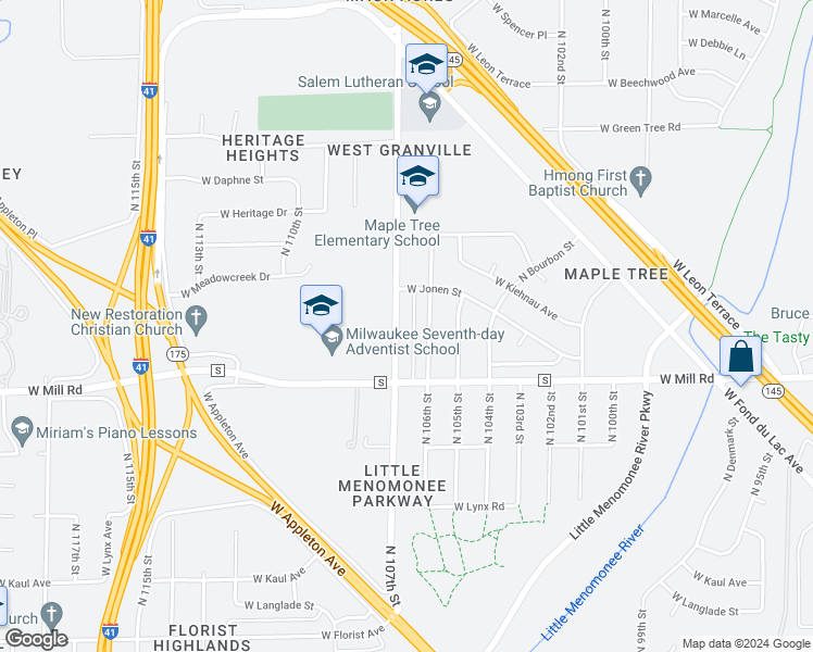 map of restaurants, bars, coffee shops, grocery stores, and more near 6470 North 107th Street in Milwaukee
