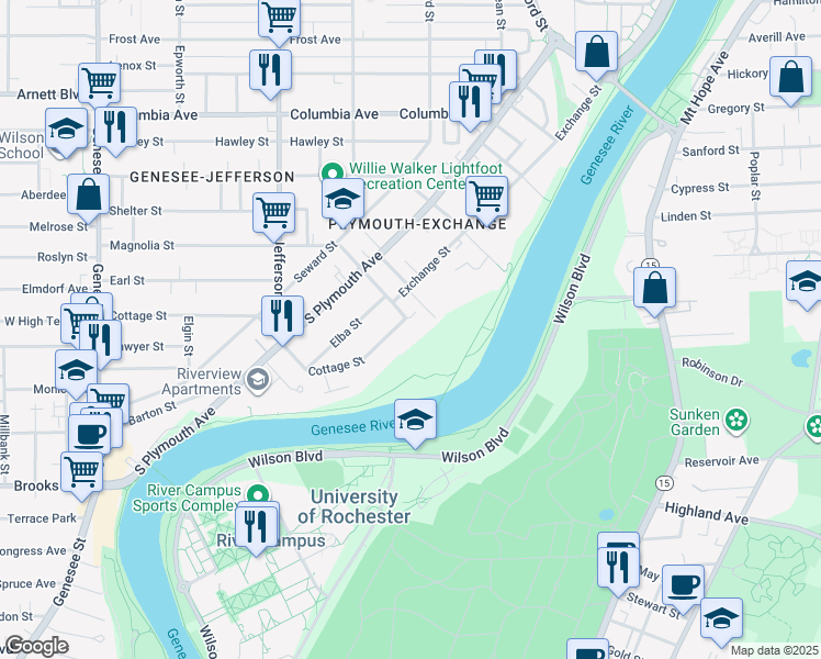 map of restaurants, bars, coffee shops, grocery stores, and more near 9 Cottage Street in Rochester