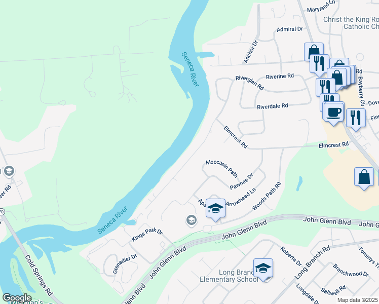 map of restaurants, bars, coffee shops, grocery stores, and more near 7523 Elmcrest Road in Liverpool