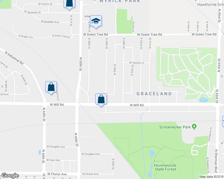 map of restaurants, bars, coffee shops, grocery stores, and more near 6465 North 55th Street in Milwaukee