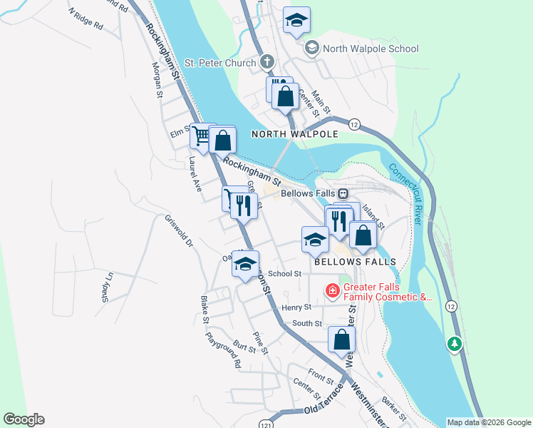 map of restaurants, bars, coffee shops, grocery stores, and more near 36 Green Street in Town of Rockingham