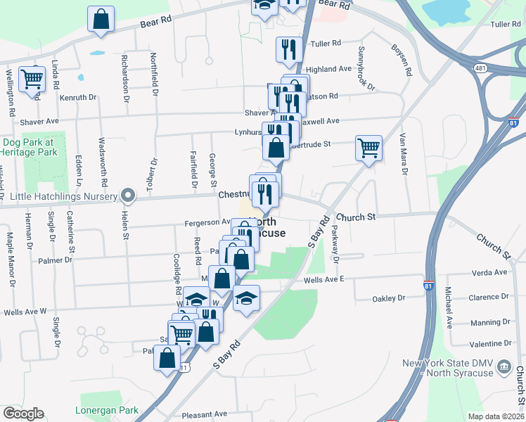 map of restaurants, bars, coffee shops, grocery stores, and more near in North Syracuse