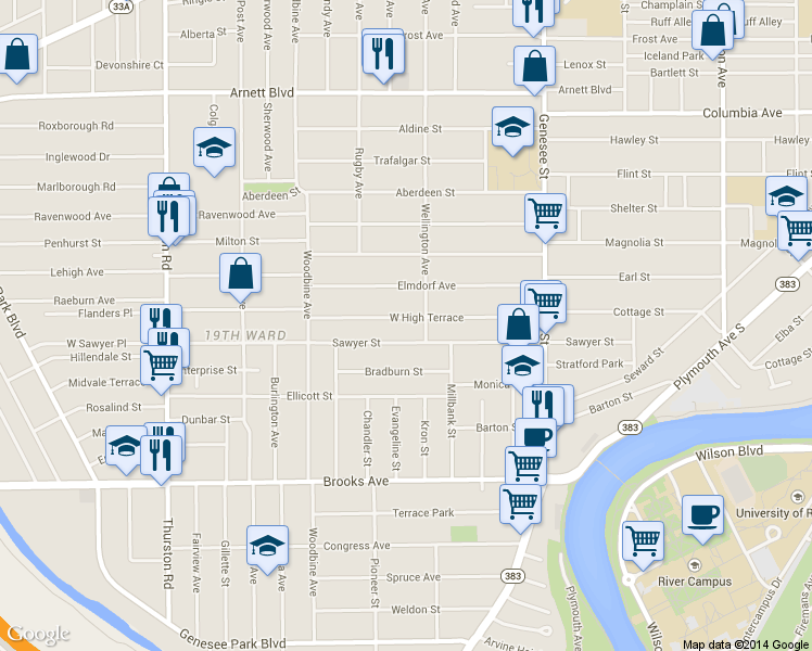 map of restaurants, bars, coffee shops, grocery stores, and more near 191 W High Terrace in Rochester