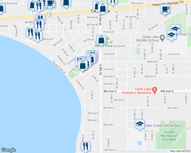 map of restaurants, bars, coffee shops, grocery stores, and more near 108 South 4th Street in Clear Lake