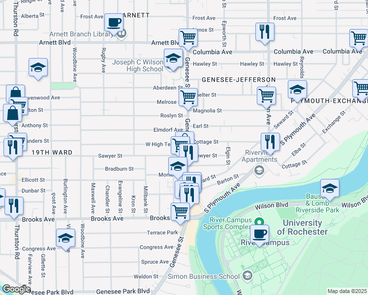 map of restaurants, bars, coffee shops, grocery stores, and more near 739 Genesee Street in Rochester