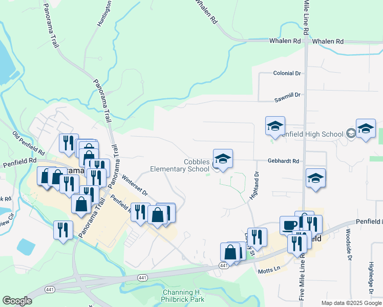 map of restaurants, bars, coffee shops, grocery stores, and more near 191 Gebhardt Road in Penfield
