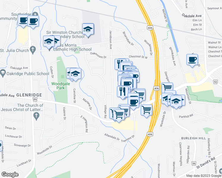 map of restaurants, bars, coffee shops, grocery stores, and more near 104 Jacobson Avenue in Saint Catharines