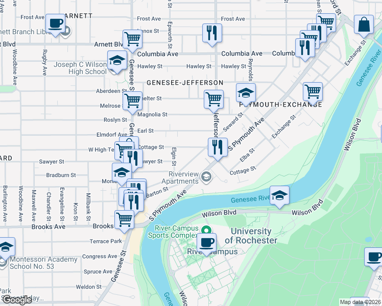 map of restaurants, bars, coffee shops, grocery stores, and more near 665R Seward Street in Rochester