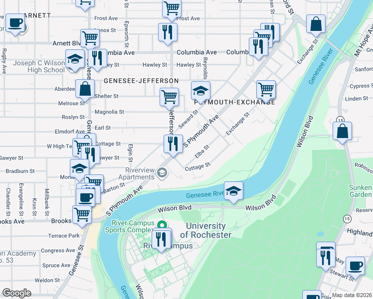 map of restaurants, bars, coffee shops, grocery stores, and more near 1122 South Plymouth Avenue in Rochester