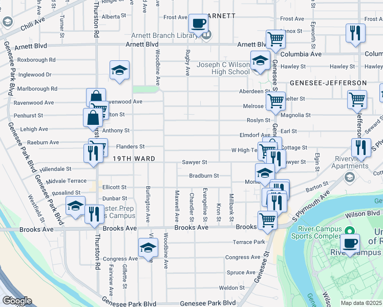 map of restaurants, bars, coffee shops, grocery stores, and more near 245 West High Terrace in Rochester