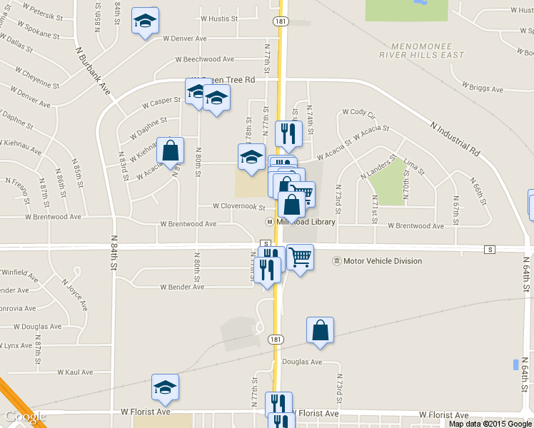 map of restaurants, bars, coffee shops, grocery stores, and more near 7621 West Clovernook Street in Milwaukee
