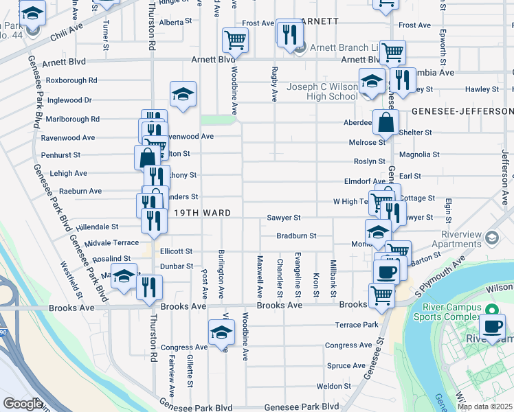 map of restaurants, bars, coffee shops, grocery stores, and more near 297 West High Terrace in Rochester