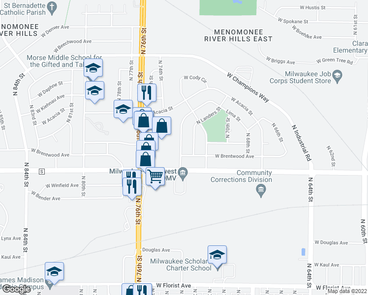 map of restaurants, bars, coffee shops, grocery stores, and more near 6458 North 73rd Street in Milwaukee