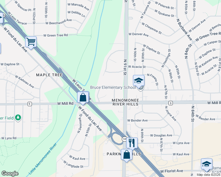 map of restaurants, bars, coffee shops, grocery stores, and more near 9313 West Clovernook Street in Milwaukee