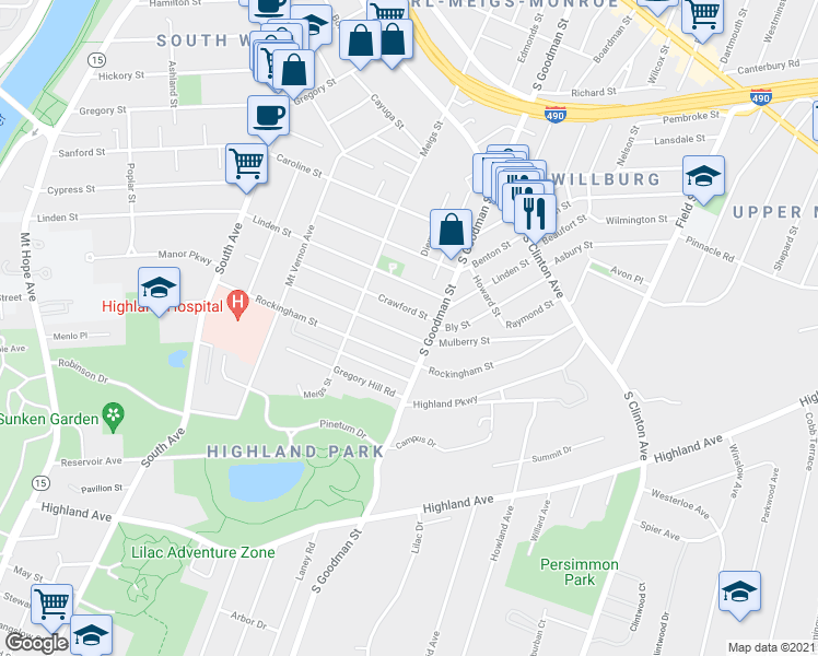 map of restaurants, bars, coffee shops, grocery stores, and more near 174 Mulberry Street in Rochester