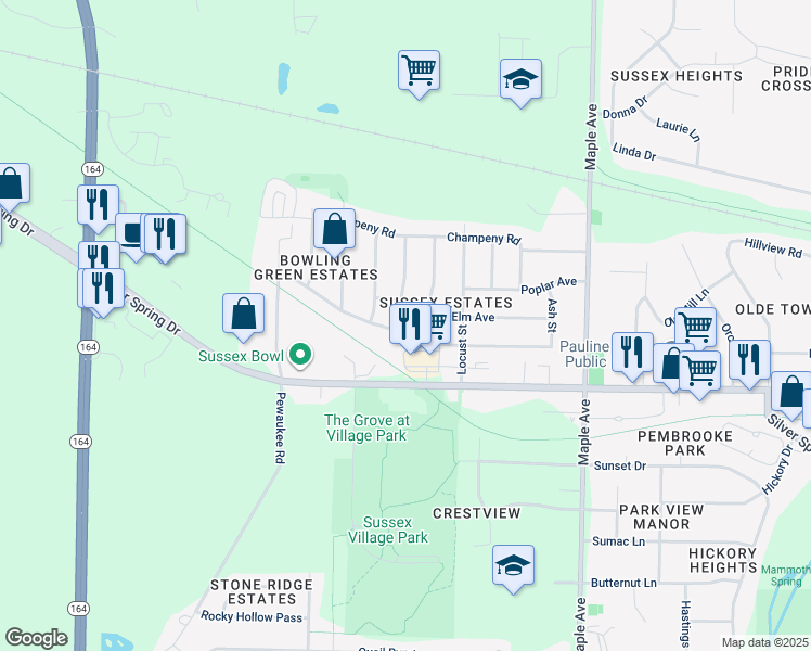 map of restaurants, bars, coffee shops, grocery stores, and more near N64W24366 Ivy Avenue in Sussex