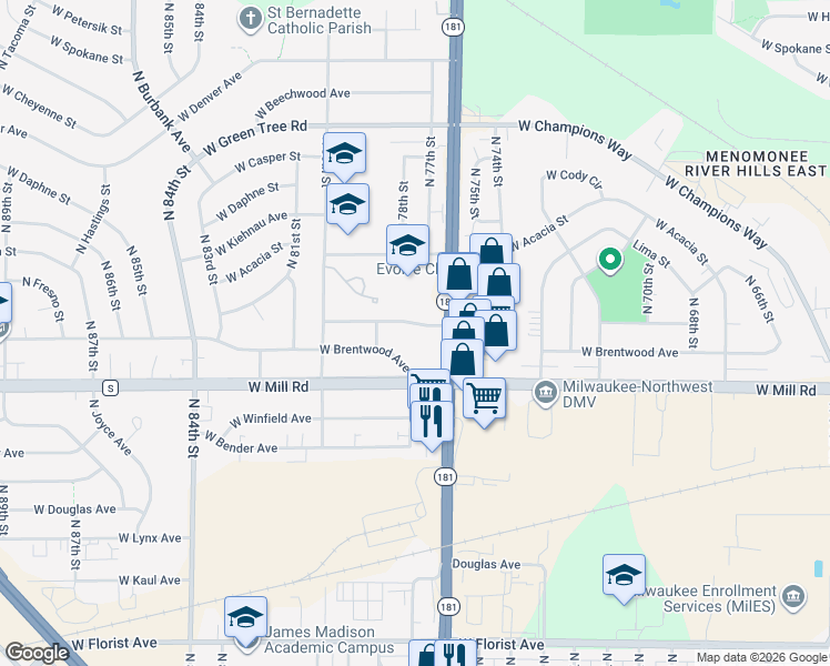 map of restaurants, bars, coffee shops, grocery stores, and more near 7621 West Clovernook Street in Milwaukee