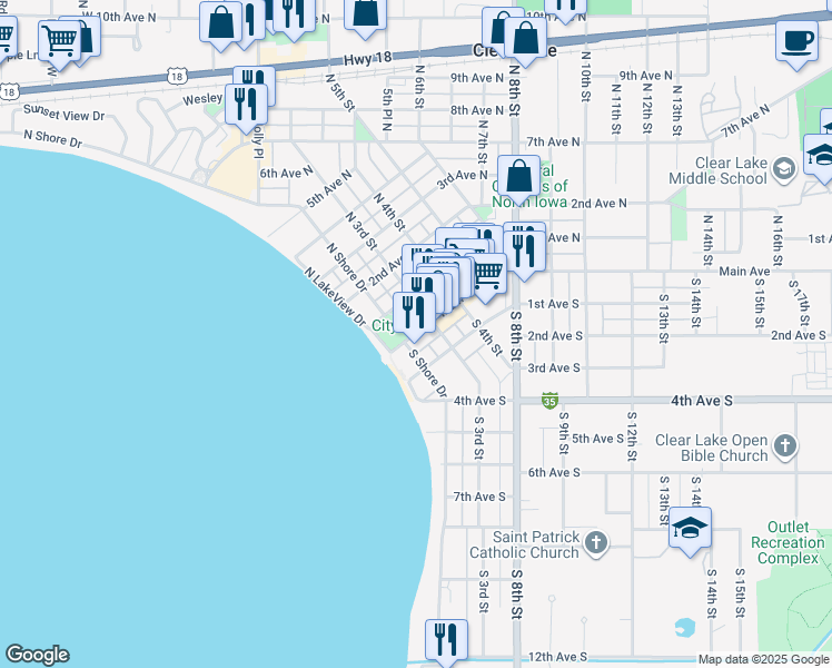 map of restaurants, bars, coffee shops, grocery stores, and more near 211 Main Avenue in Clear Lake