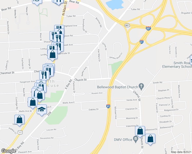 map of restaurants, bars, coffee shops, grocery stores, and more near 309 Church Street in North Syracuse