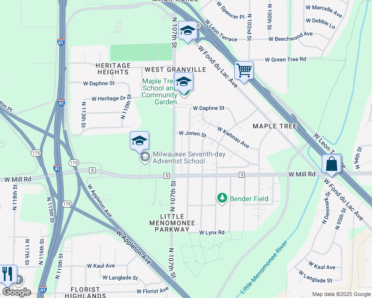 map of restaurants, bars, coffee shops, grocery stores, and more near 6457 North 106th Street in Milwaukee