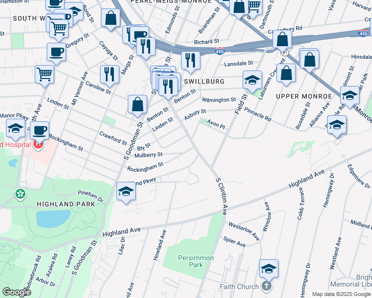 map of restaurants, bars, coffee shops, grocery stores, and more near 520 Rockingham Street in Rochester