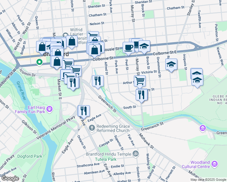 map of restaurants, bars, coffee shops, grocery stores, and more near 2 Mary Street in Brantford