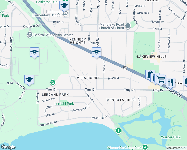 map of restaurants, bars, coffee shops, grocery stores, and more near 3906 School Rd in Madison