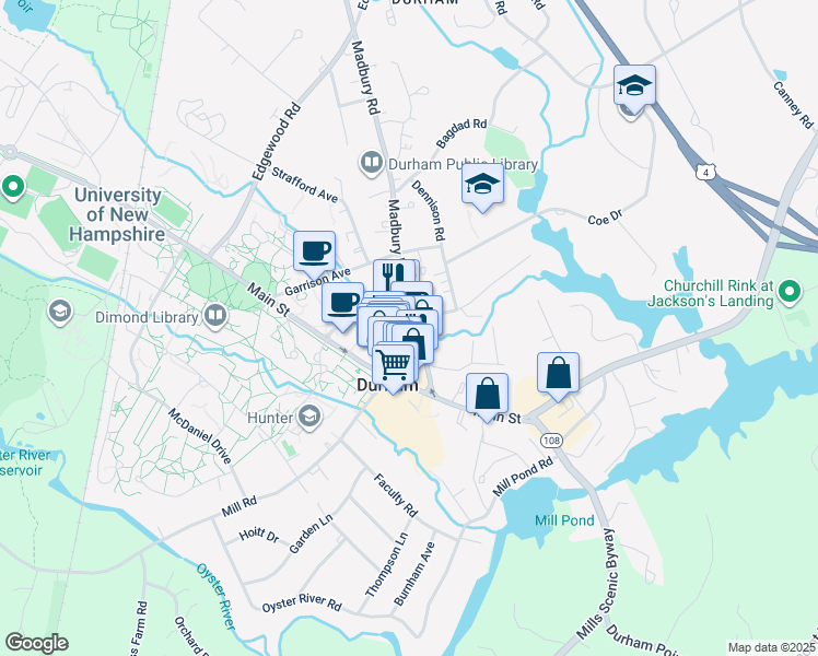map of restaurants, bars, coffee shops, grocery stores, and more near 12 Mathes Terrace in Durham