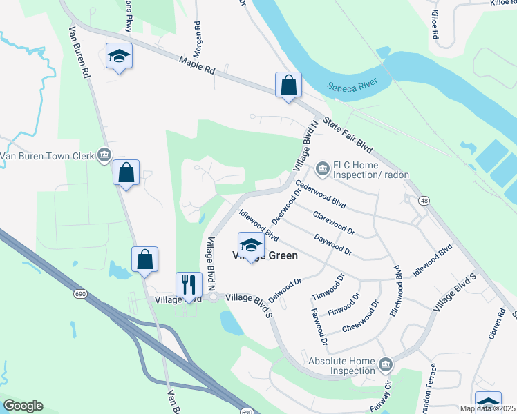 map of restaurants, bars, coffee shops, grocery stores, and more near 425 Village Boulevard North in Baldwinsville