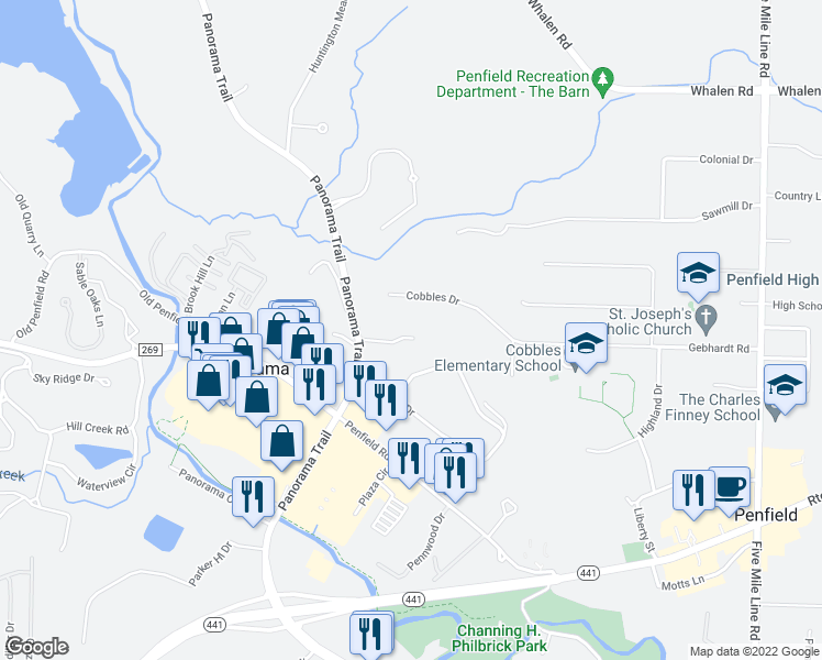 map of restaurants, bars, coffee shops, grocery stores, and more near 520 Panorama Trail in Rochester