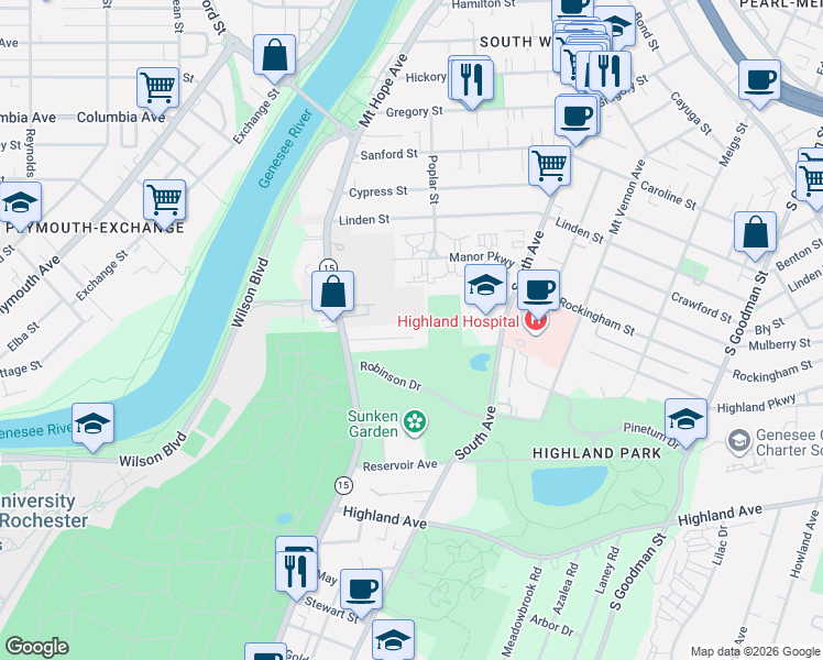 map of restaurants, bars, coffee shops, grocery stores, and more near 35 Menlo Place in Rochester