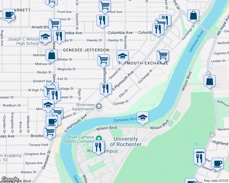 map of restaurants, bars, coffee shops, grocery stores, and more near 1128 South Plymouth Avenue in Rochester