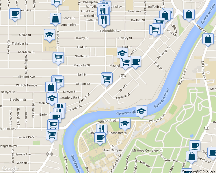 map of restaurants, bars, coffee shops, grocery stores, and more near 1128 South Plymouth Avenue in Rochester