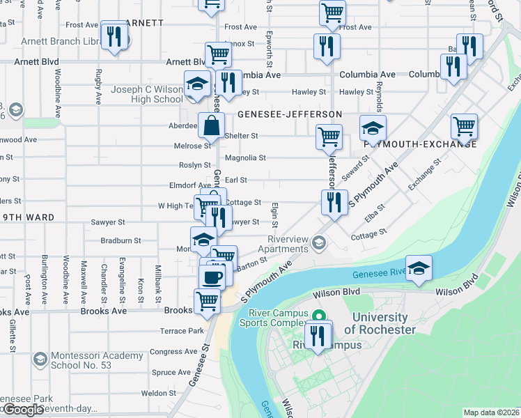 map of restaurants, bars, coffee shops, grocery stores, and more near 437 Cottage Street in Rochester