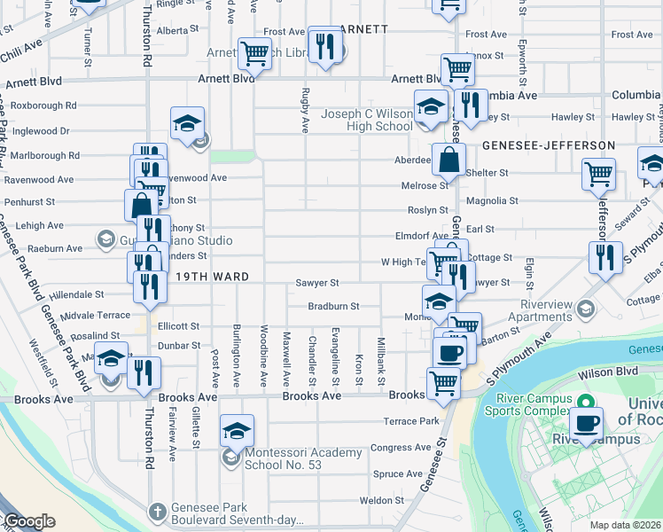 map of restaurants, bars, coffee shops, grocery stores, and more near 191 West High Terrace in Rochester