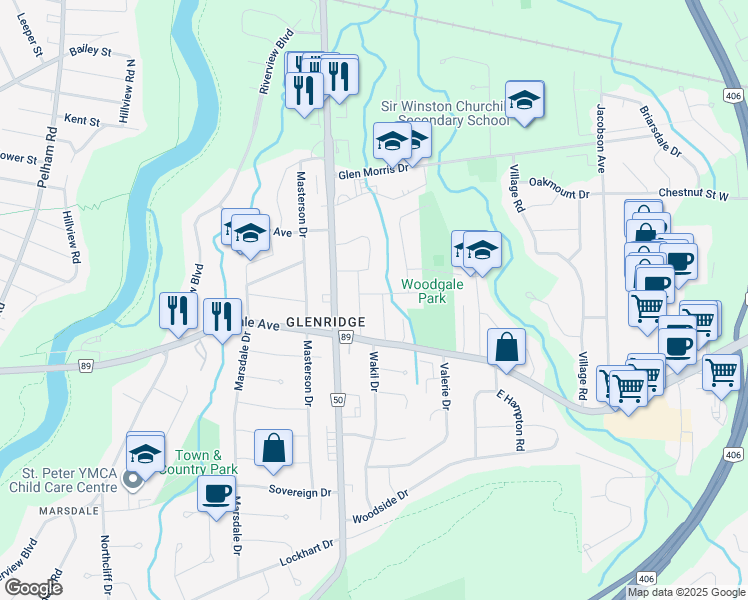 map of restaurants, bars, coffee shops, grocery stores, and more near 4 Broadview Avenue in St. Catharines