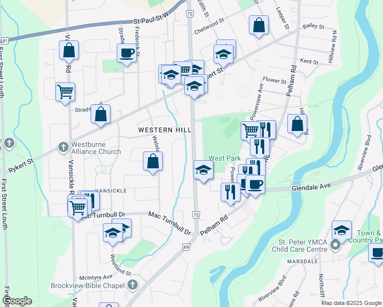 map of restaurants, bars, coffee shops, grocery stores, and more near 87 Louth Street in St. Catharines